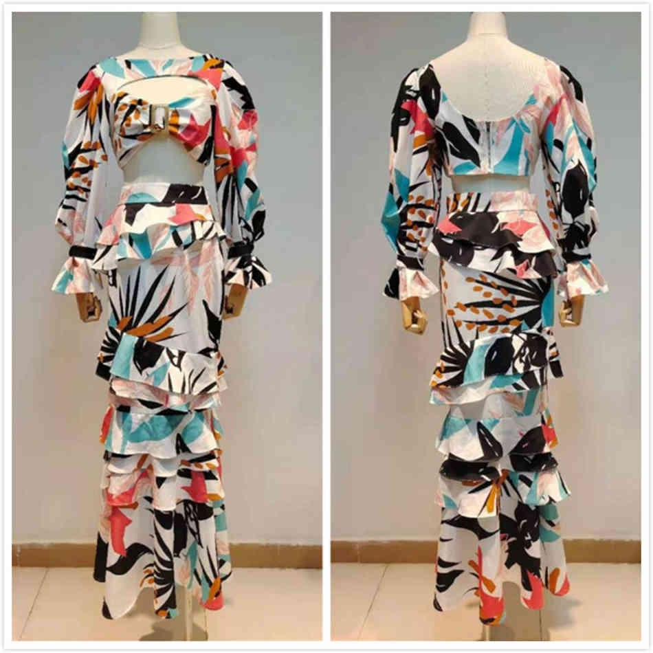 Free Summer Women's Printed Skirt Set Lantern Sleeve Hollow Top & Irregular Elegant Two-piece Fashion 210524