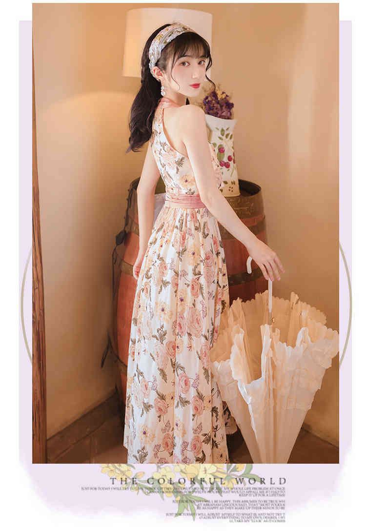 Summer Sweet Flower Print Chiffon Party Dress Women Sexy Halter High Waist Slim Big Swing Beach Long Vestidos 210519