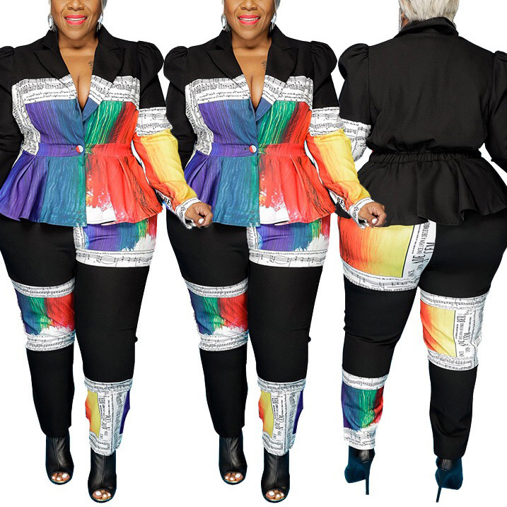 4xl 5xl Plus Size 2 Pieces Sets Womens Outfits Color Block Tops & Pencil Pants Fashion Elegant Clothes Two Matching 210510