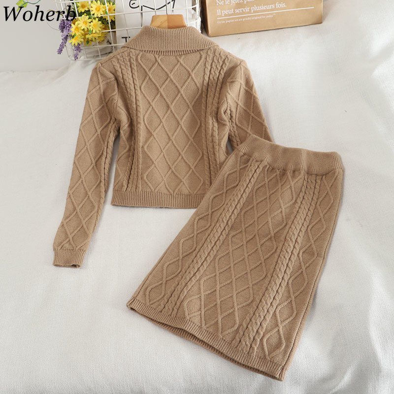 Vintage Korean Fashion Suit Two Piece Outfits for Women Knitted Sweater Coat Bodycon Skirt Femme Roupas 2 Set 4G277 210422