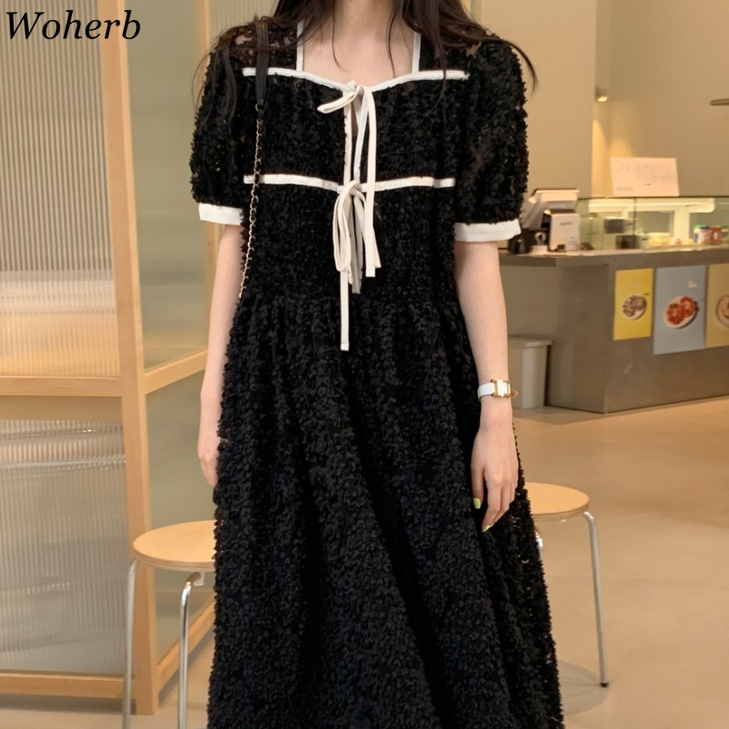 Square Collar Vintage Dress Women Summer Korean Robe Crochet Floral Lace Up Vestidos Mujer Chic Elegant Maxi Dresses 210519