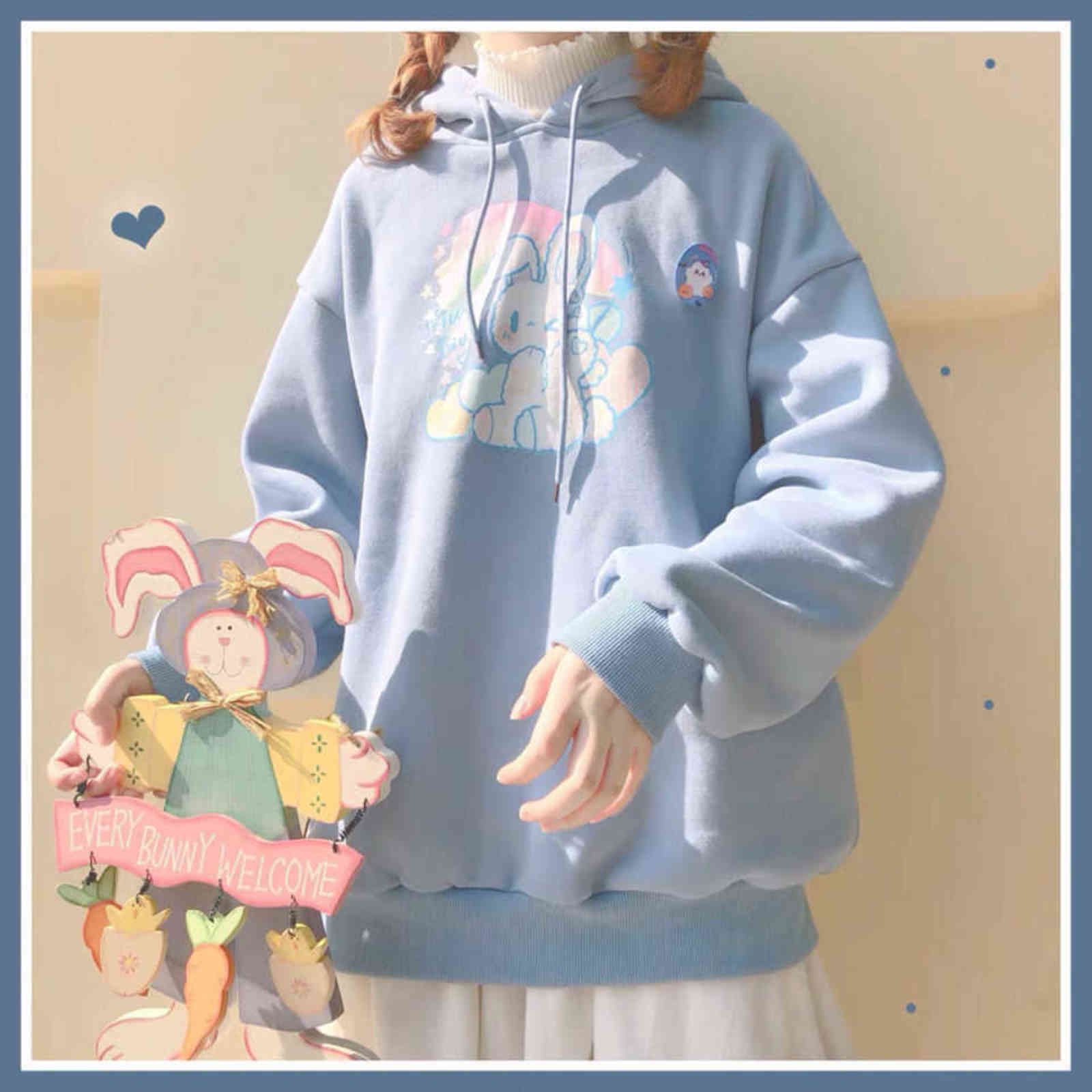 HOUZHOU Kawaii Anime Hoodie Autumn Fashion Rabbit Print Women Hoodies Cute Long Sleeve Loose Oversized Pullover Women 211104wtt
