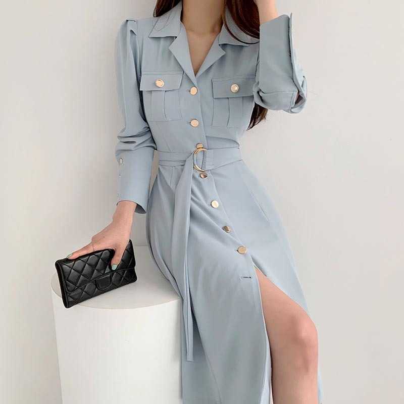 Korejpaa Woman Dress Korean Chic Spring Fashion Elegant Single-row Buckle Strap Waist Slim Long Sleeve Dresses Female 210526