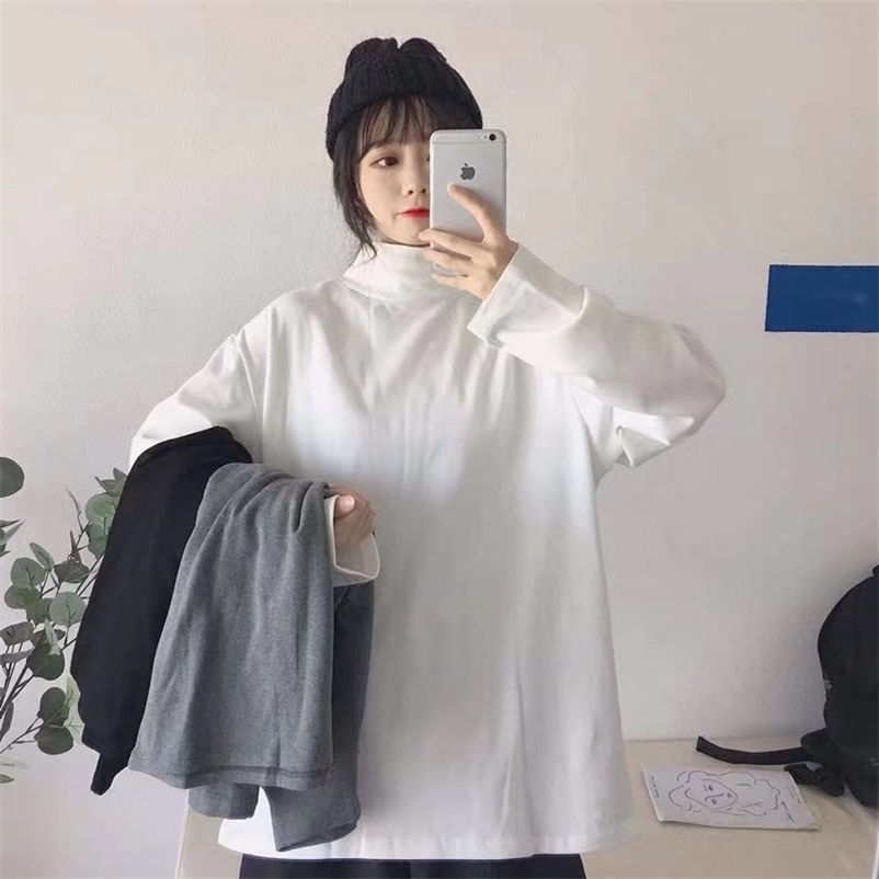 Autumn Women Solid Turtleneck Long Sleeve Casual T-shirt Lady Simple White Loose Tops Female Harajuku Korean Shirt 210519
Autumn Women Solid Turtleneck Long Sleeve Casual T-shirt Lady Simple White Loose Tops Female Harajuku Korean Shirt 210519
