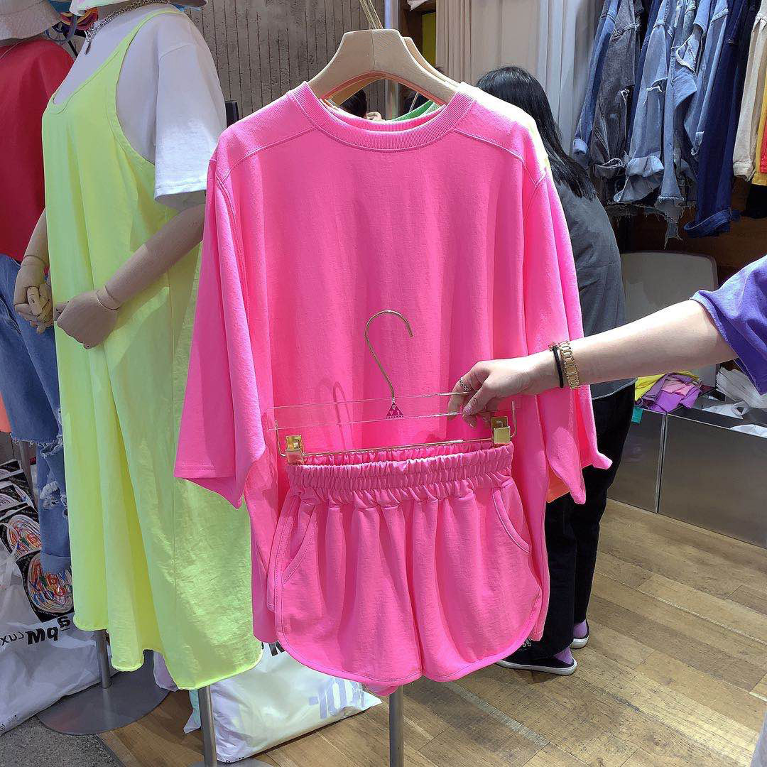 Matching Sets Summer Candy Color Plus Size Cotton Thin Fashion Casual O Neck Short Sleeve T Shirts Tops Clothing Shorts 210429