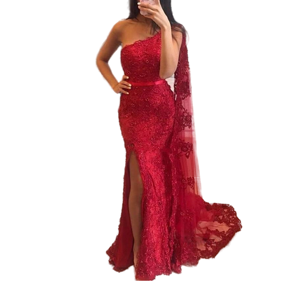 Sexy One Shoulder Dubai Arabic Lace Mermaid Prom Dresses Side Slit 2021 Beaded Appliques Kaftan Morocco Long Formal Evening Gown Party Wear