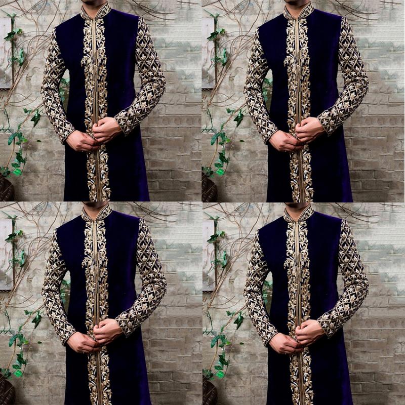 Ethnic Clothing Muslim Fashion Arab Men's Jubba Thobe Kaftan Dress Stand Collar Gold Print Gentle Islamic Male Abaya 2021 Caftan