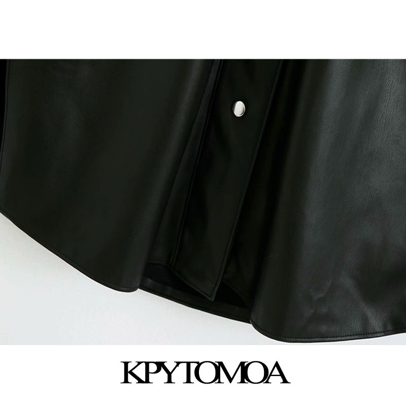 Women Fashion Pockets Oversized Faux Leather Jacket Coat Vintage Long Sleeve Side Vents Female Outerwear Chic Tops 210416