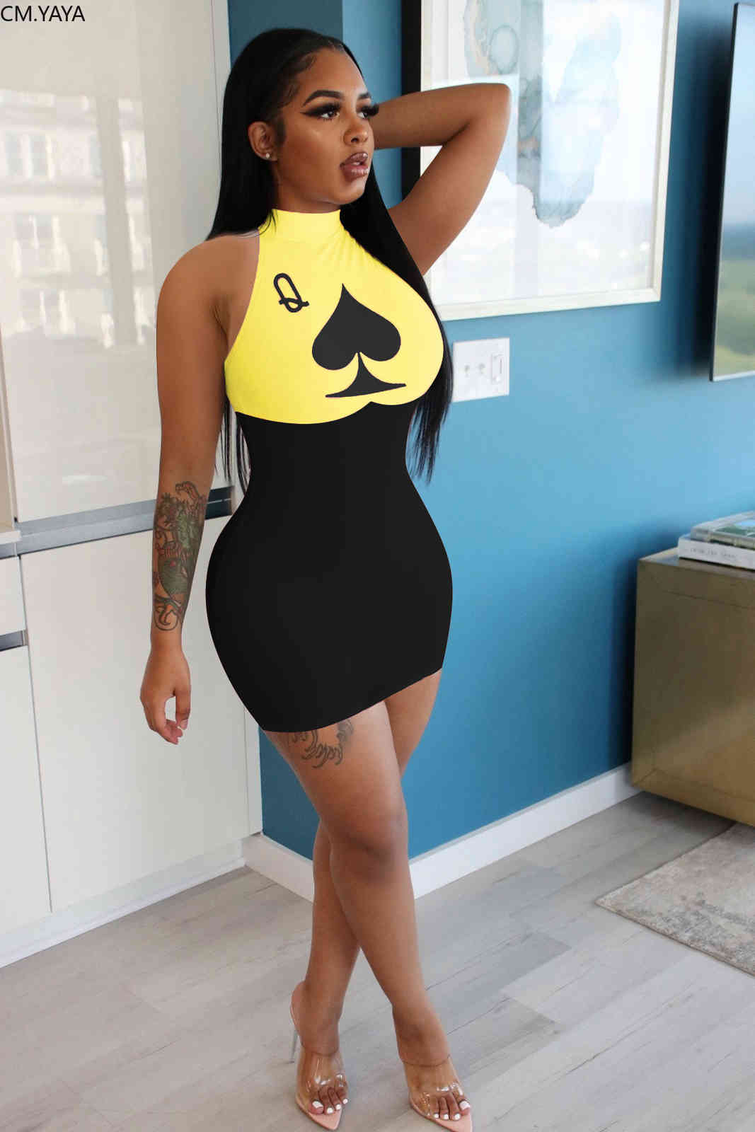 CM.YAYA Women Summer Black Queen Poker Card Print Sleeveless Bodycon Midi MiniDress Sexy Party Club Bandage Streetwear Dresses 210331