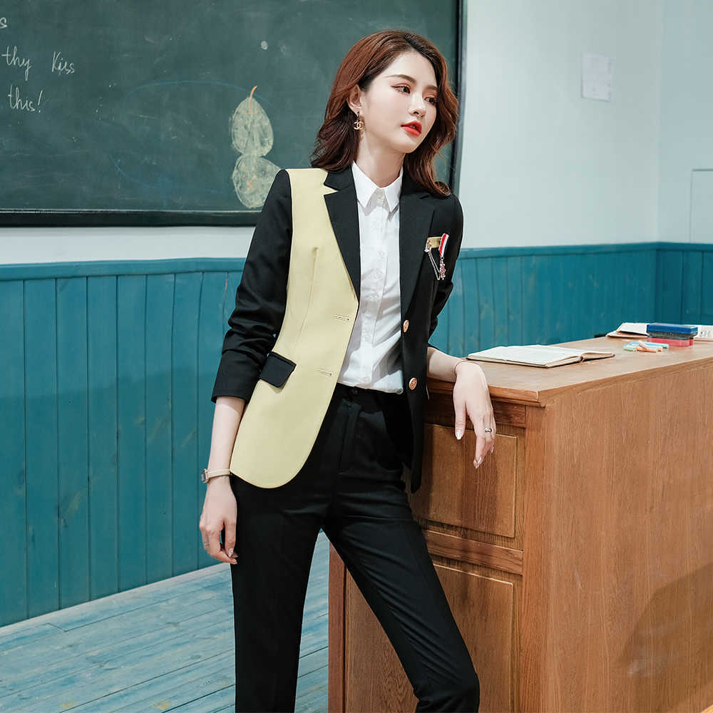 Latest Korean Women Pant Suit College Style Jacket Blazer And Trousers 2 Piece Set For Teacher Work Wear 210930