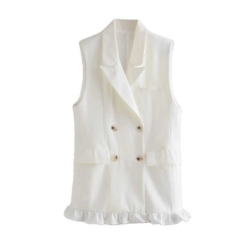 SLMD Stylish Chic Khaki Ruffles Double Breasted Vest Coat Women Fashion Pockets Waistcoat Female Casual Outfitsar 210915