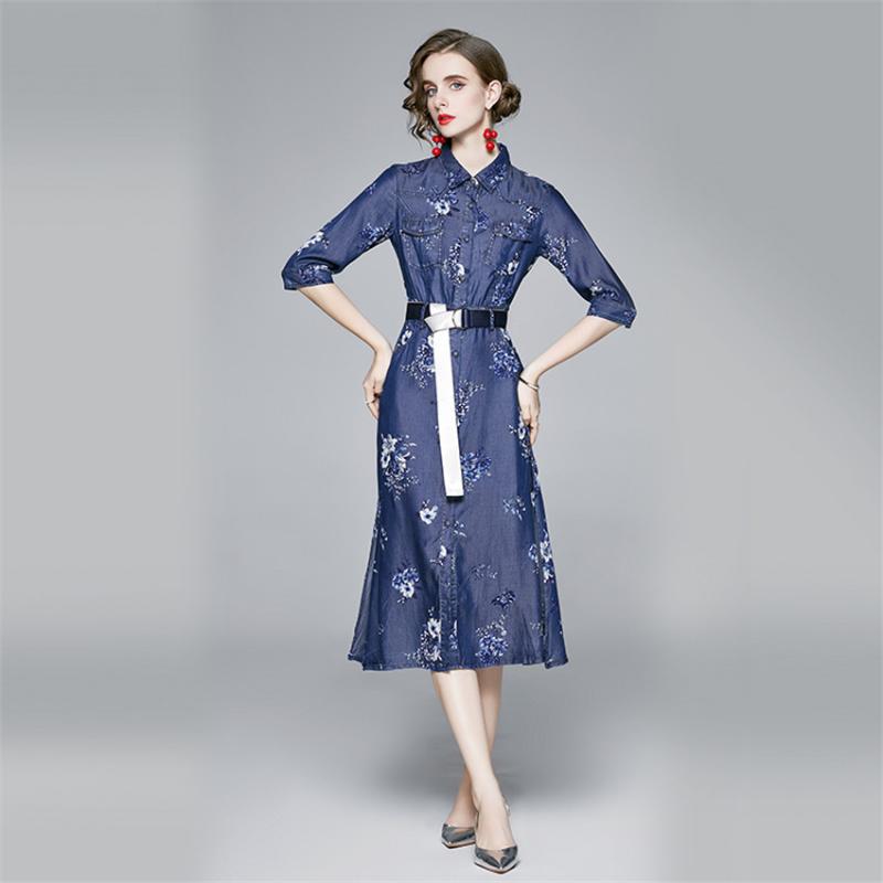 Women Summer Denim Dress Retro Floral Print Casual Long Jeans Shirt High Quality Fashion Soft Robe Femme 2021 Dresses