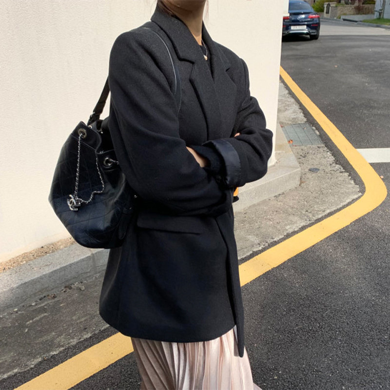 Loose Women Plus Size Vintage Solid Brief Feminine Woolen Warm All Match Retro Chic Office Lady Blazer 210421