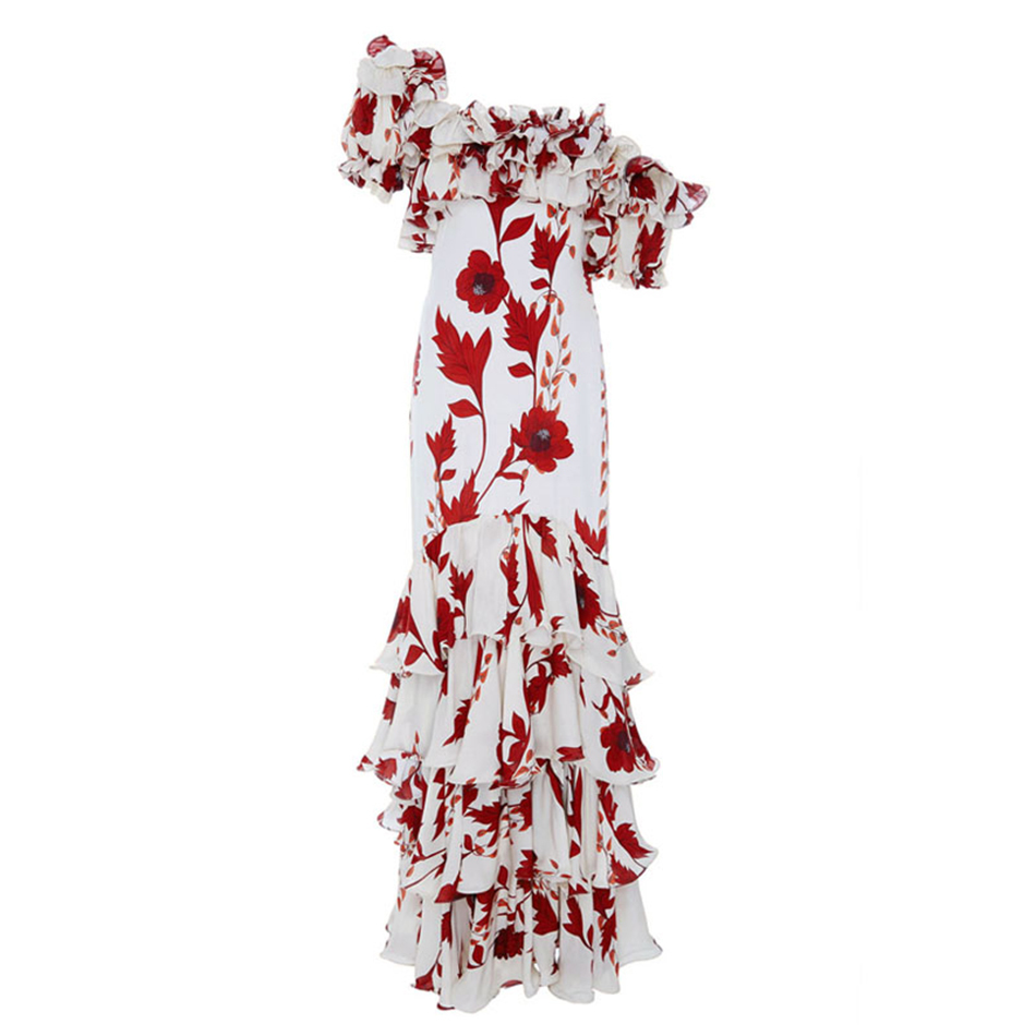 Free Elegant Layered Ruffle Print Long Dress One-shoulder Lantern Short Sleeve Vacation Party 210524