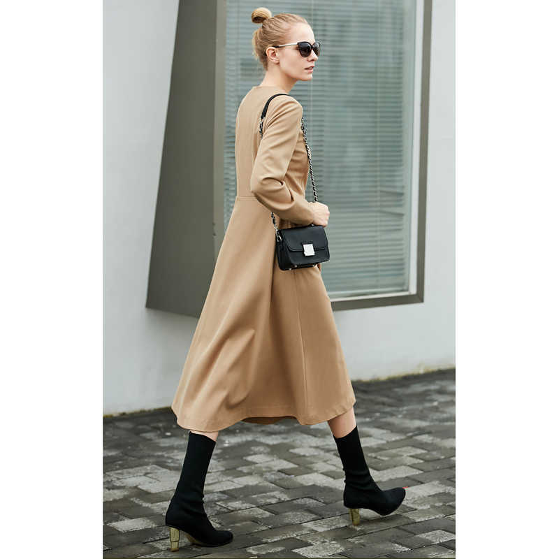 Women Elegant A-line Dress Female Causal Round Neck Solid Patchwork Buttons Long Sleeve Dresses 11737381 210527