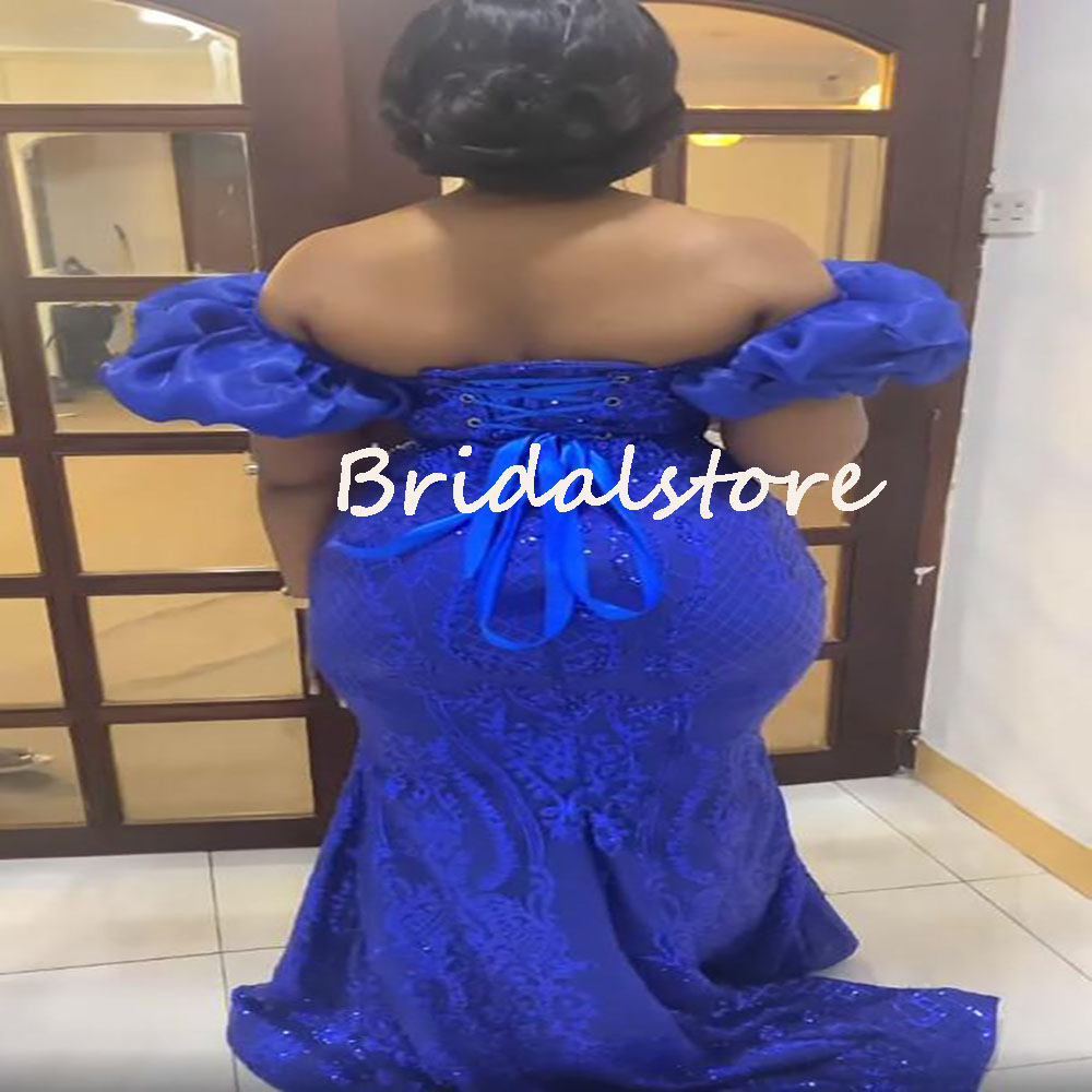 2022 Plus Size Mermaid Prom Dresses Aso Ebi Royal Blue African Evening Dress With Sequins Glitter Lace Corset econd Reception Birthday Party Engagemen