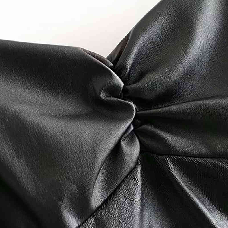 Black PU Leather Patchwork Mini Dress Women Spaghetti Strap Pleated Party es Sexy Sleeveless Backless Short 210508