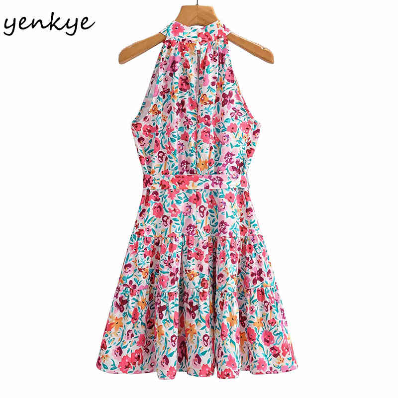 Multicolor Floral Print Halter Dress Women Sexy Sleeveless Sashes A-line Short Vestido Mujer Holiday Summer Beach Dresses 210430