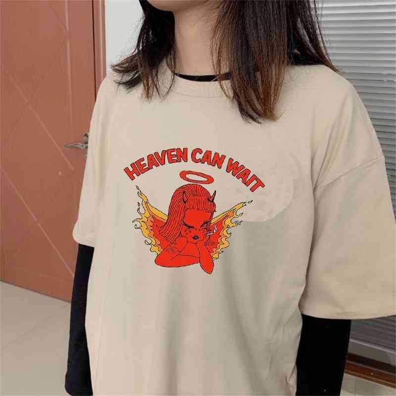 Kuakuayu HJN Cute Cherub Heaven Can Wait Angel Print Women Tshirt Cotton Casual Funny T Shirt Lady Yong Girl Top 210406