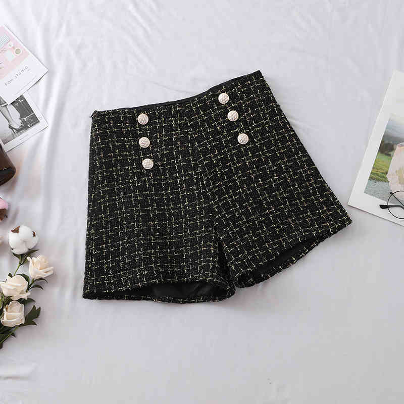 Plaid Shorts Women Outside Autumn Spring Double-breast Braided High Waist Wide Legs Black White Causal Womens 210428