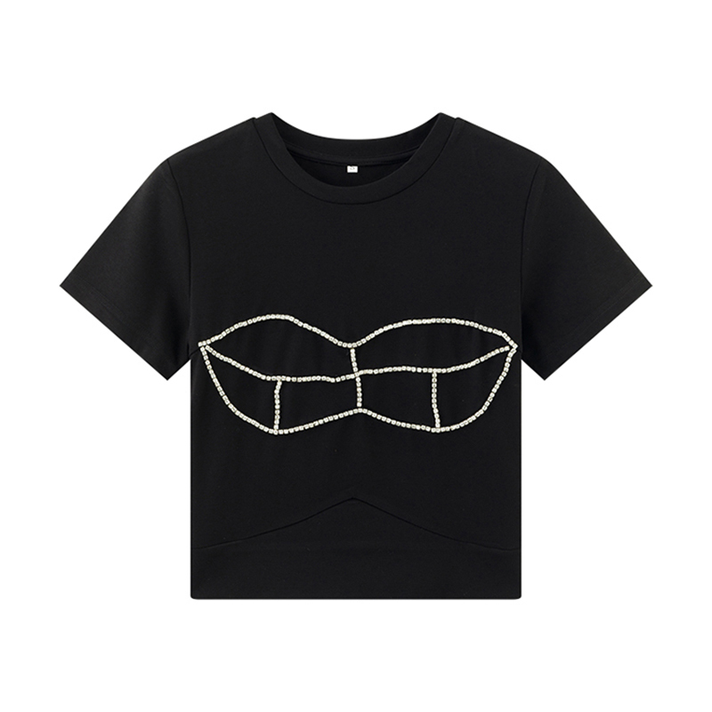 Patchwork Diamond Short Tops For Women O Neck Sleeve Casual T Shirt Female Fashion Clothing Summer 210524