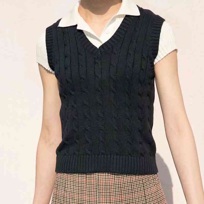 Women Sweater Cable Vest Classic Cable-Knit V-neck 210512