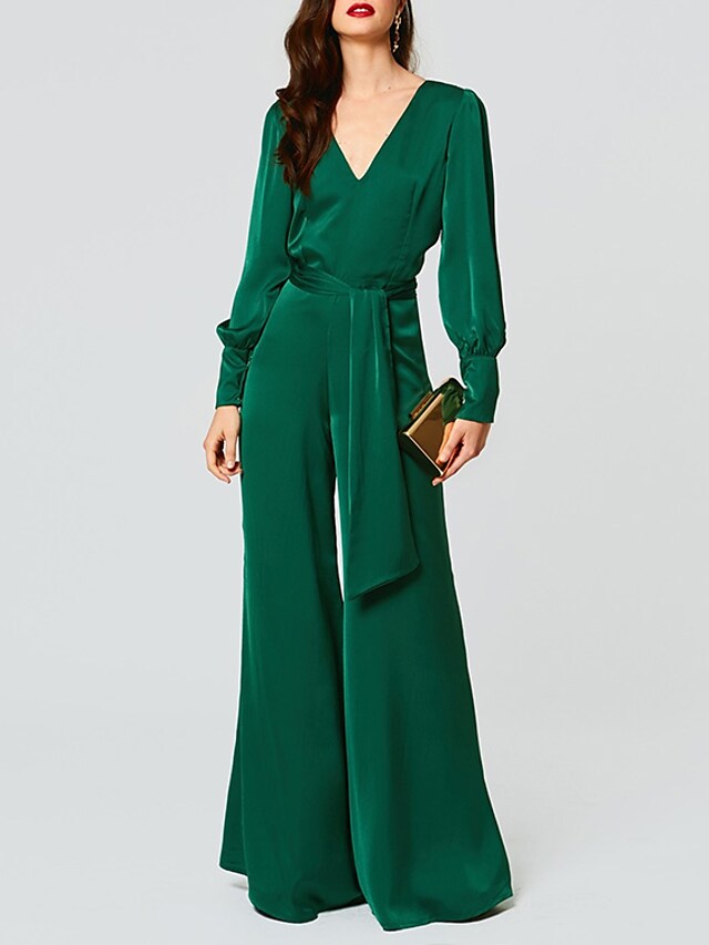Dark Green Jumpsuits Beautiful Open Back Evening Dress 2022 V-Neck Long Sleeve Sash Prom Formal Gown Robes De Soirée