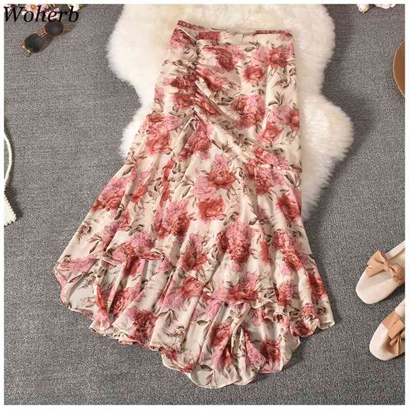Women Clothing V-Neck Short Sleeve Crop Tops Irregular Ruffles Skirt Korean Fashion Floral Suit Two-piece Summer 210422