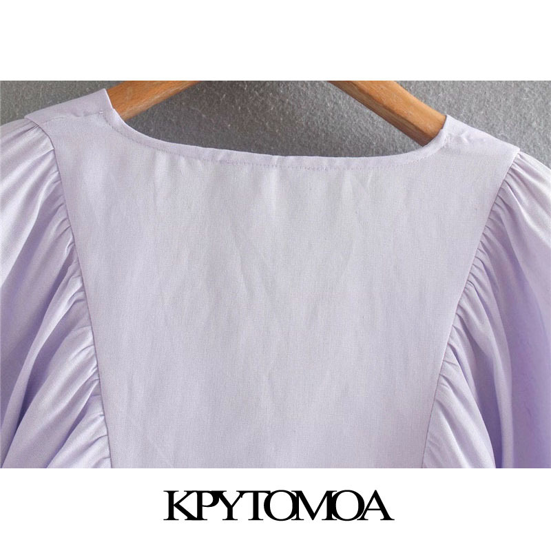 Women Fashion Pleated Linen Cropped Blouses Lantern Sleeve Side Zipper Female Shirts Chic Tops 210420