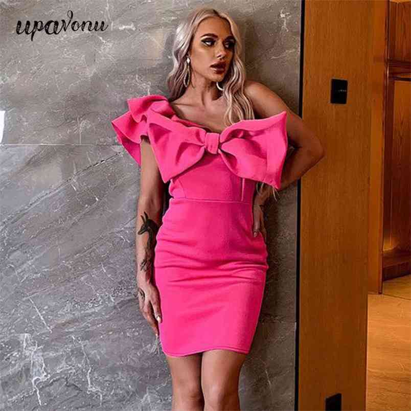 Free Summer Women Bowknot Dress Sexy One Shoulder Ruffle Sleeve Bodycon Club Runway Party Vestidos 210524