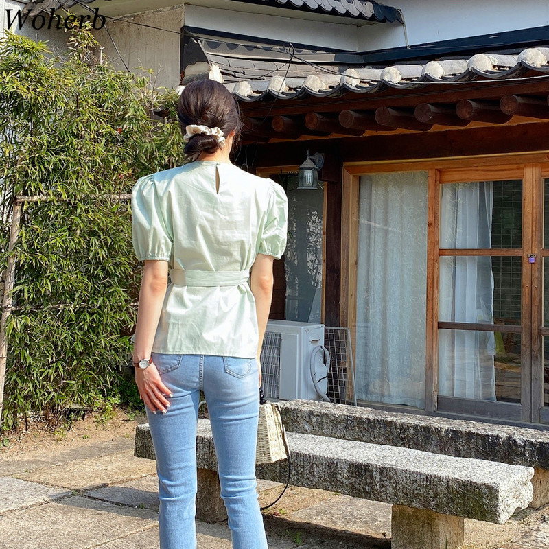 Korean Chic Green Blouse Women Solid Blusas Puff Sleeve Bandage Femme Gentle Shirts Office Summer Casual 210519