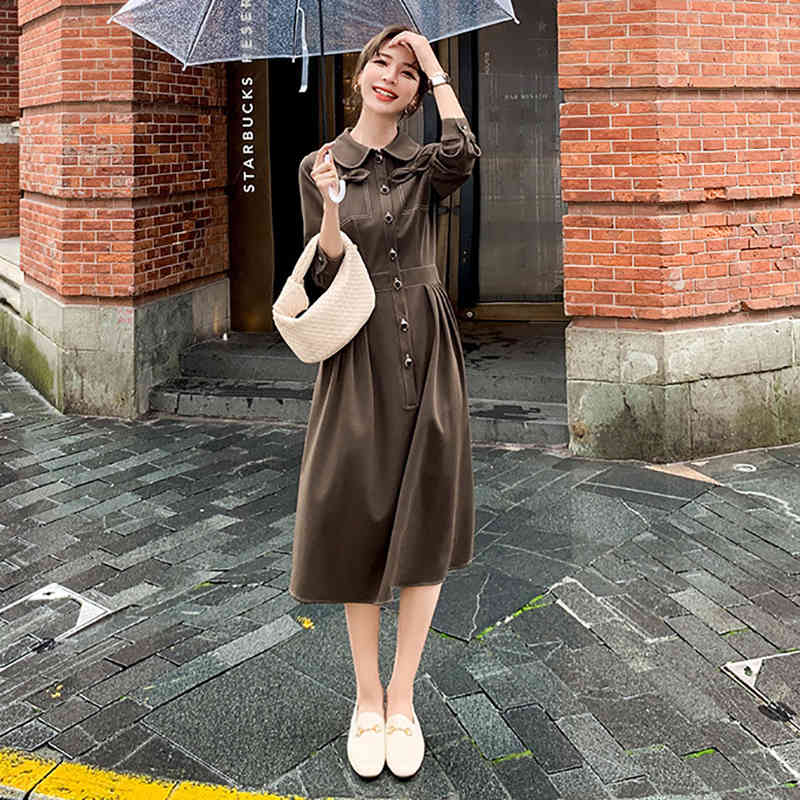 SHENGPLLAE Elegant Open Line Dress Women's Spring Peter Pan Collor Single Breasted Loose Long Sleeve Mid-calf Dresses 210427