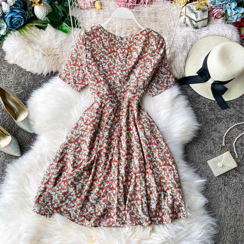 Women Summer Vintage V Neck Short Sleeve Floral Dress Slim High Waist Floral Print Chiffon Short Dress Vestidos 210521