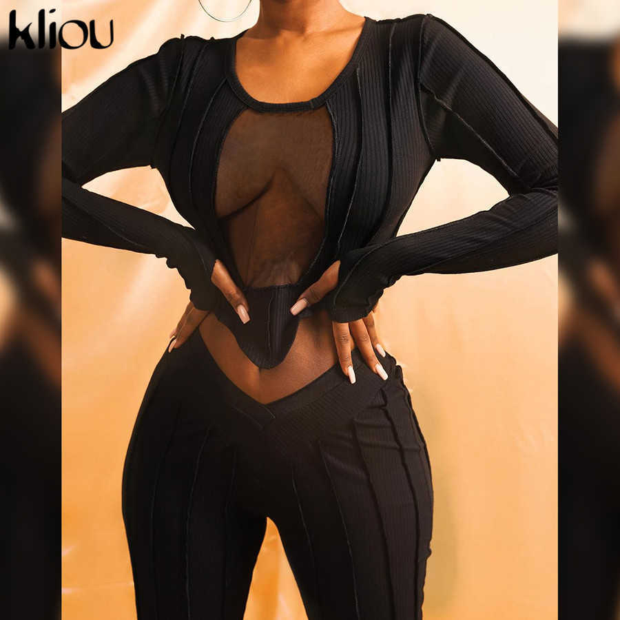 Kliou Hollow Out Mesh Solid Two Piece Outfits Women Autumn Long Sleeve Crop Top And Pants Matching Sets Female Casual Streetwear 211007