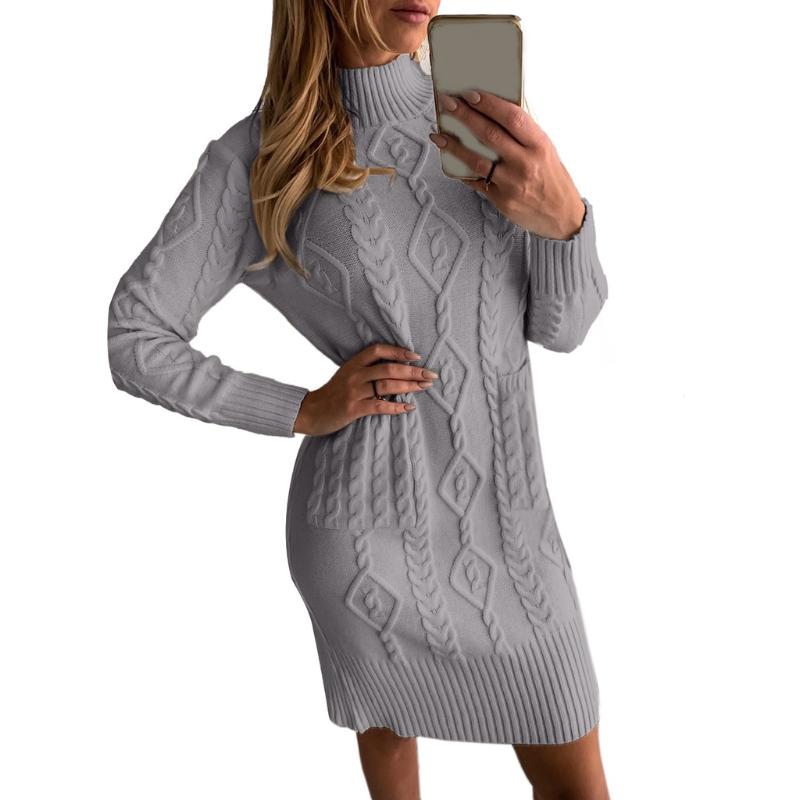 Women Long Sleeve Turtleneck Solid Color Cable Knit Slim Fit Midi Sweat Dress Casual Dresses