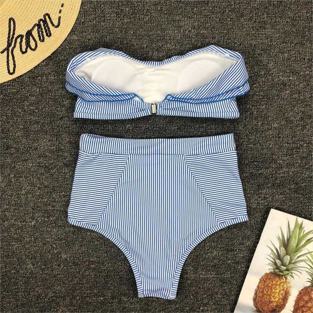 Sexy Retro Blue White Striped Bandeau High Waist Bikini Lady Swimwear Women Swimsuit Female Ruffle Ruched Swim Bathing Suit 210625
