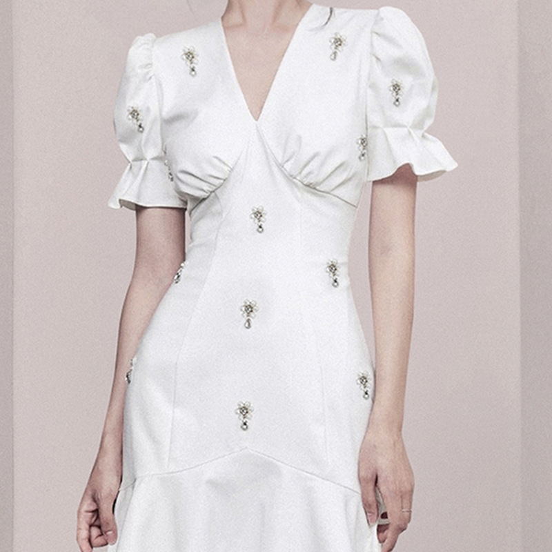 Vintage Diamonds Summer Dress Women Sexy V Neck Puff Sleeve High Waist Ruffles Mermaid Dresses For Female Fashion 210520