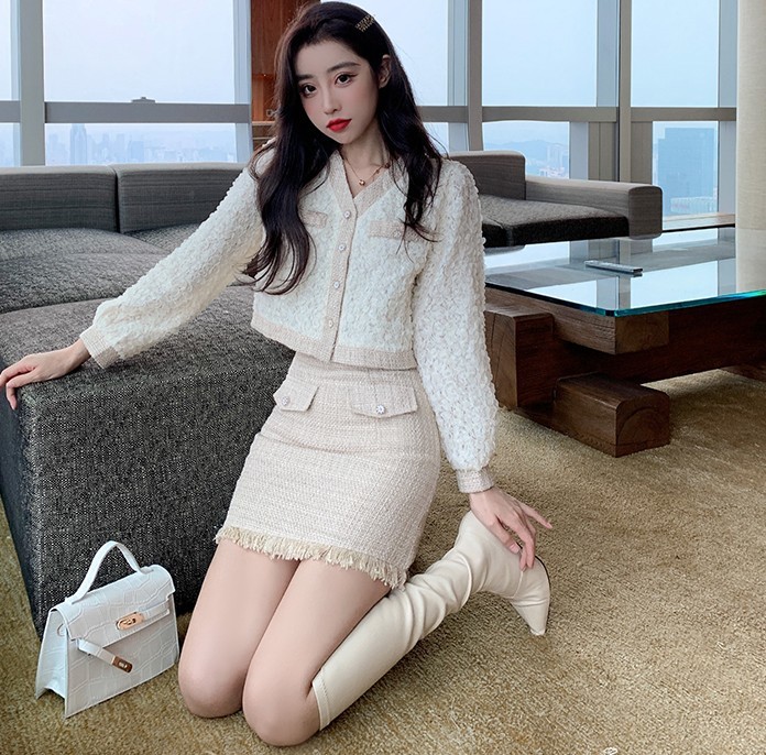 Autumn Fashion Two piece Set Women Tweed patchwork Long Sleeve Crop Tops + Tassel Bodycon Mini Skirt Suits 210518