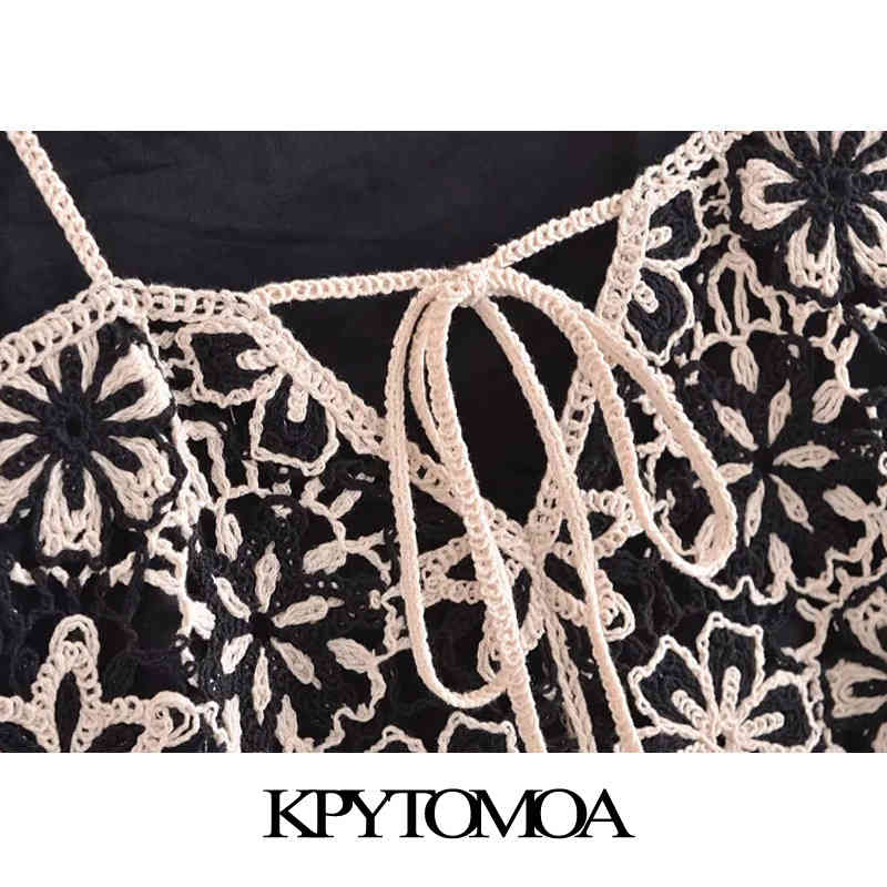 Women Chic Fashion With Lining Crochet Mini Dress Backless Bow Tied Thin Straps Female Dresses Vestidos 210420