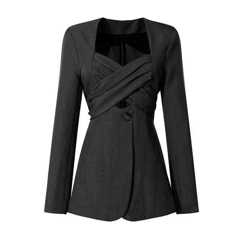 TWOTWINSTYLE Elegant Patchwork Bowknot Blazer For Women Square Collar Long Sleeve Ruched Split Blazers Female Fashion 211122