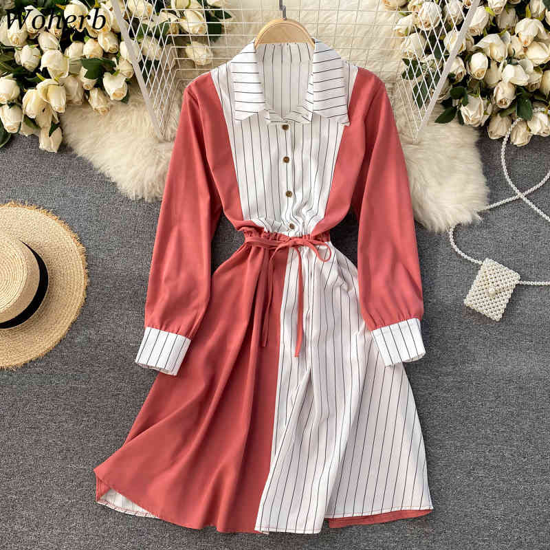 Elegant Shirt Dress Women Long Sleeve Contrast Color Striped Patch Dresses Office Lady Midi Robe Korean Chic Vestidos 210519