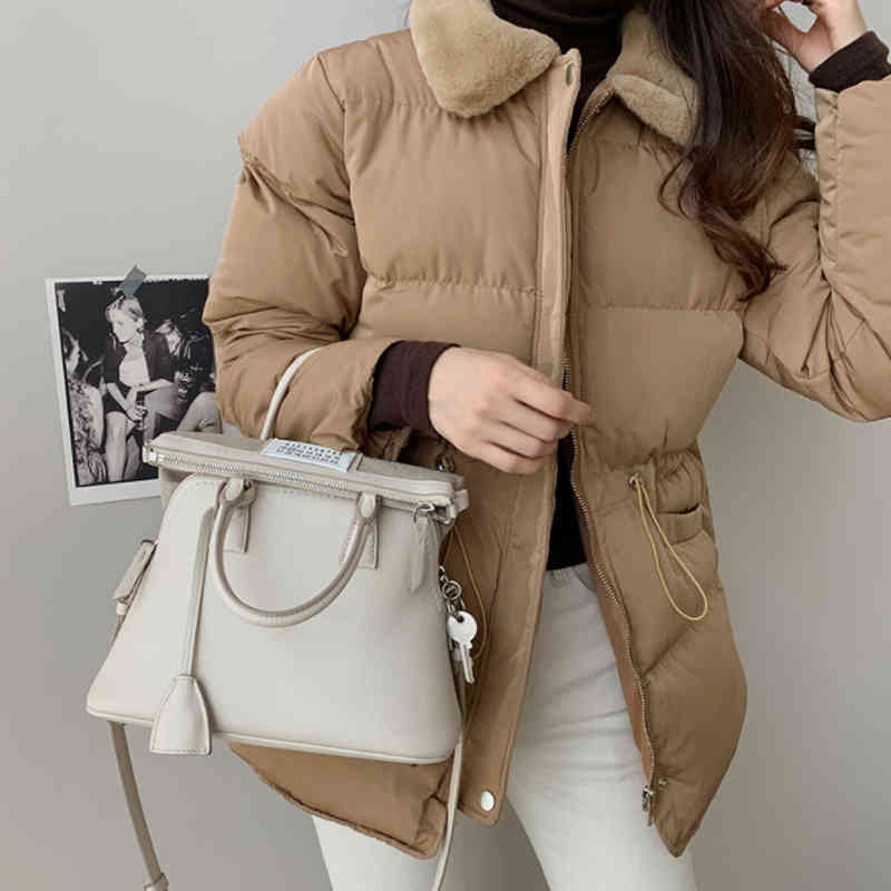 Winter Coat Women OL Formal Fur Collar Loose Casual Solid Bread Clothes Warm Cotton Padded Jacket Outwear Parkas 210421