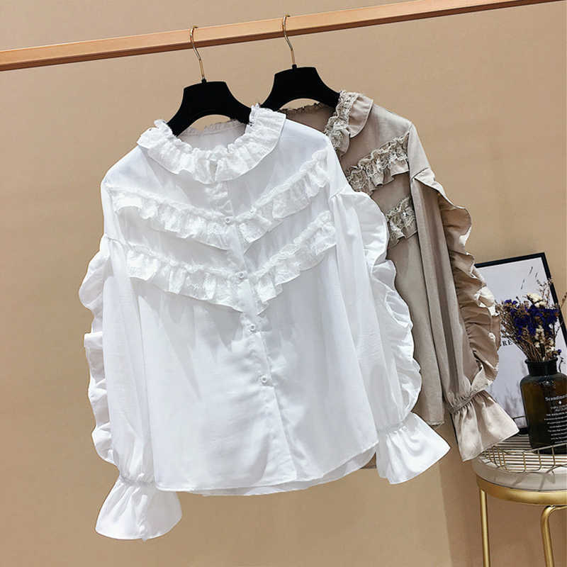 Lace Ruffles Patchwork Loose Solid Flare Sleeve Shirts Spring Top Blouse Women 210615
