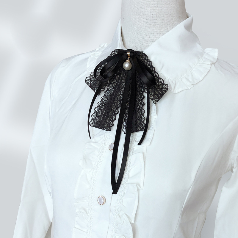 Lace Ribbon Pearl Black Bow Tie for Women Collar Flower White Shirt Formal Dress Ties Bowtie Brooch Necktie Ladies Accessories