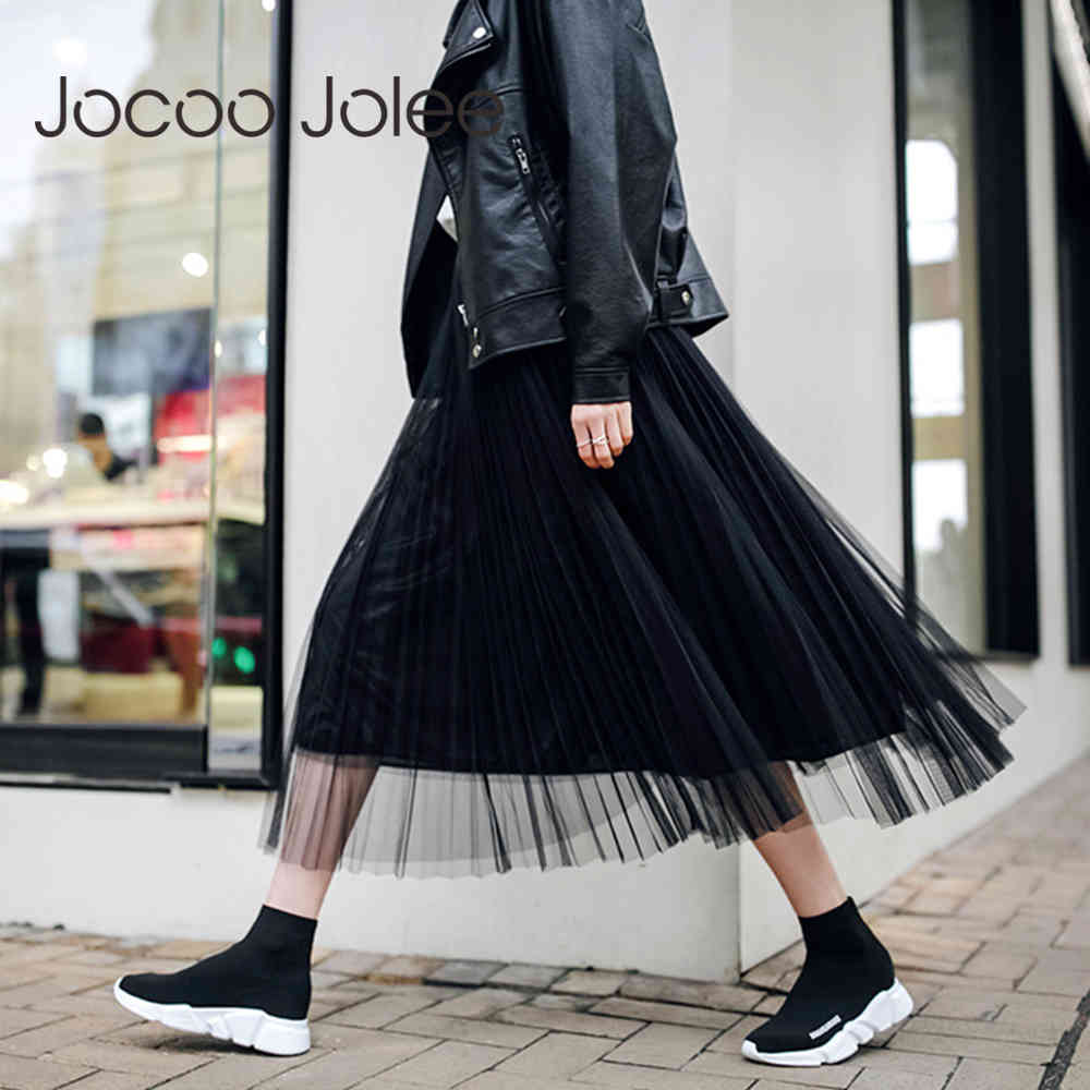 Gothic Style Lace Long Skirt Elegant Mesh Pleated A Line Korean Chic All-match Midi s High Waist 210428