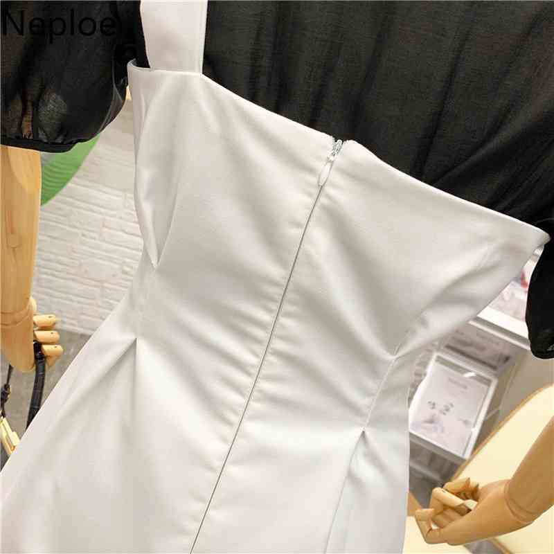 Neploe Women Set Spring Summer Korean Puff Short Sleeve Thin Sunscreen Shirt with One-shoulder Strap Dress Two-piece Suit Female 210422