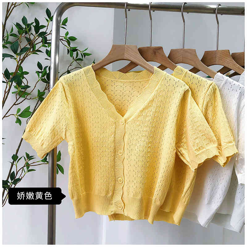 Summer Hollow Out Knitted Cardigan Crop Tops Women Short Sleeve V-neck Knitwear Fashion Vintage Soft Ladies Jumpers Femme 210514