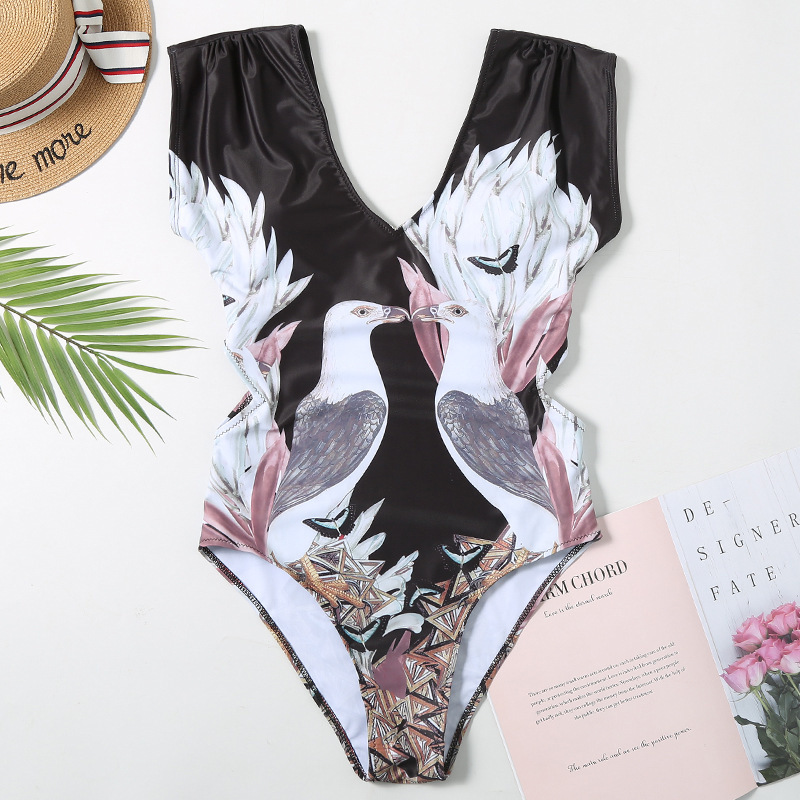 Sexy Cap Sleeve Swimsuit Women Swimwear Bird Print Bodysuit Summer Beach Bathing Suit Monokini Swim Wear S~XL 210520