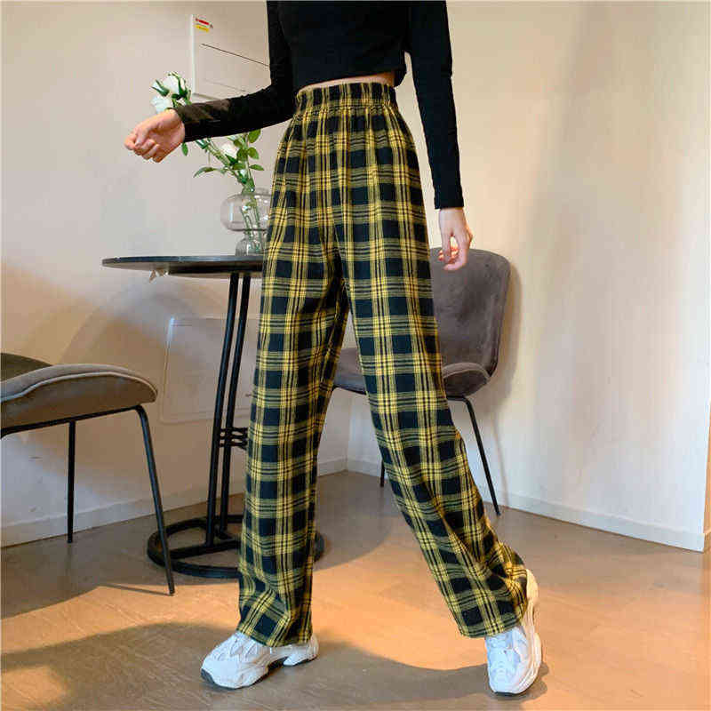 Checkered Pants for Women Vintage Plaid Fashion Korean Style Wide Leg Summer Blue Harajuku Oversized Trousers 211115