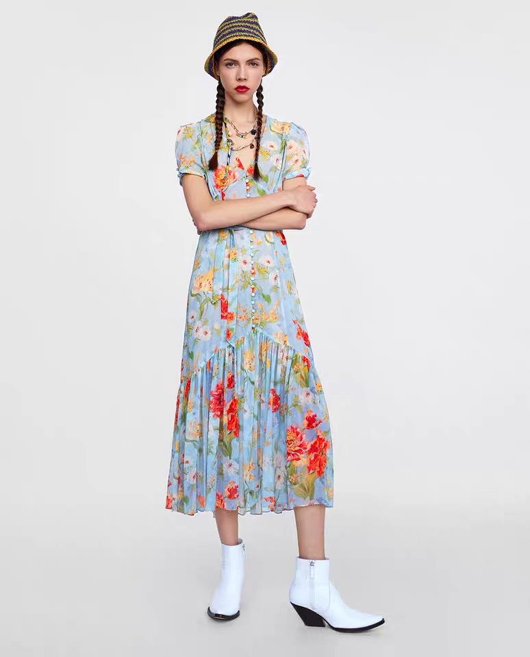 vintage chic lady flower printed blue single breasted summer fashion v-neck short sleeve beach holiday dresses women 210421